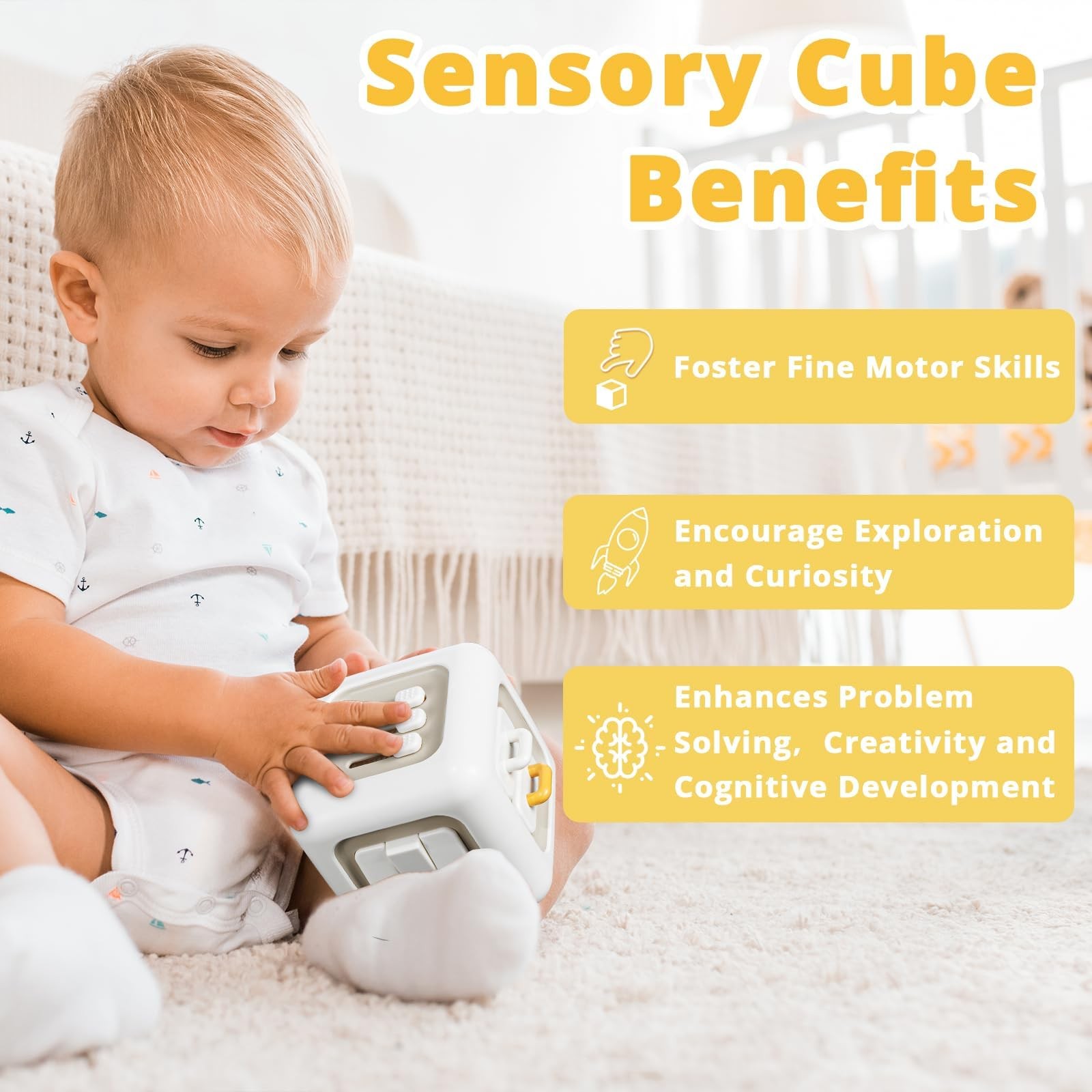 SOCBTNSO Busy Cube Toy for 1 Year Old Boy, Montessori Toys Medium, Off-white
