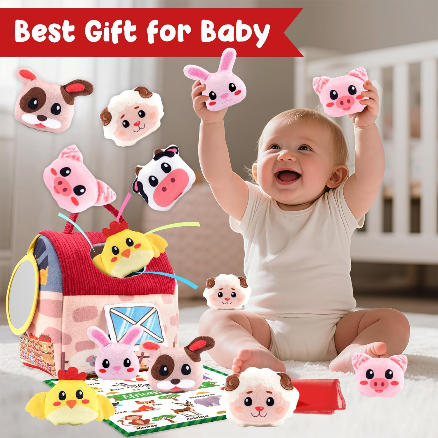 Baby Toys 6-12 Months, 11PCS Surprise Barn Toy with Stuffed Farm Animals, Rattle