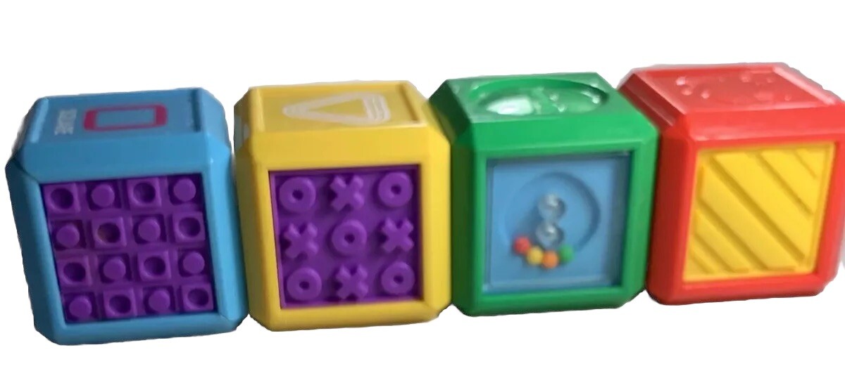 FISHER PRICE 4 Blocks Activity Cubes Tactile Toys Stack Shapes Clean Colorful