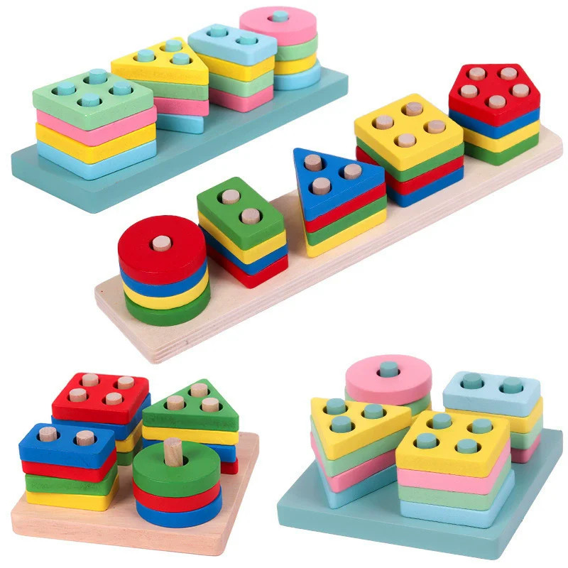 Wooden Shape Matching Building Blocks Kids Learning Toy US
