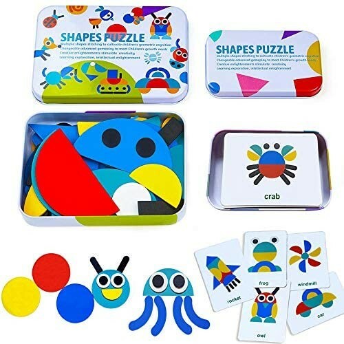 Pattern Block Set Jigsaw Puzzle Sorting Stacking Wooden Shape Pcs Design Cards