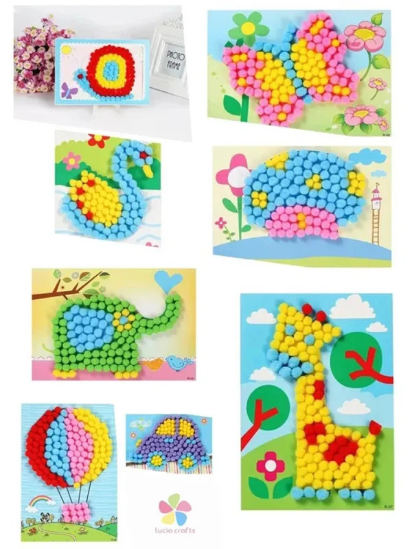 Children Handmade DIY Toys Button/Pompom/Diamond Stickers Drawing Toy Puzzle