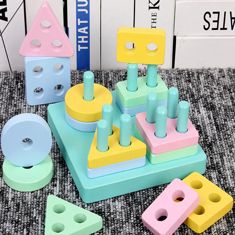 Wooden Shape Matching Building Blocks Kids Learning Toy US