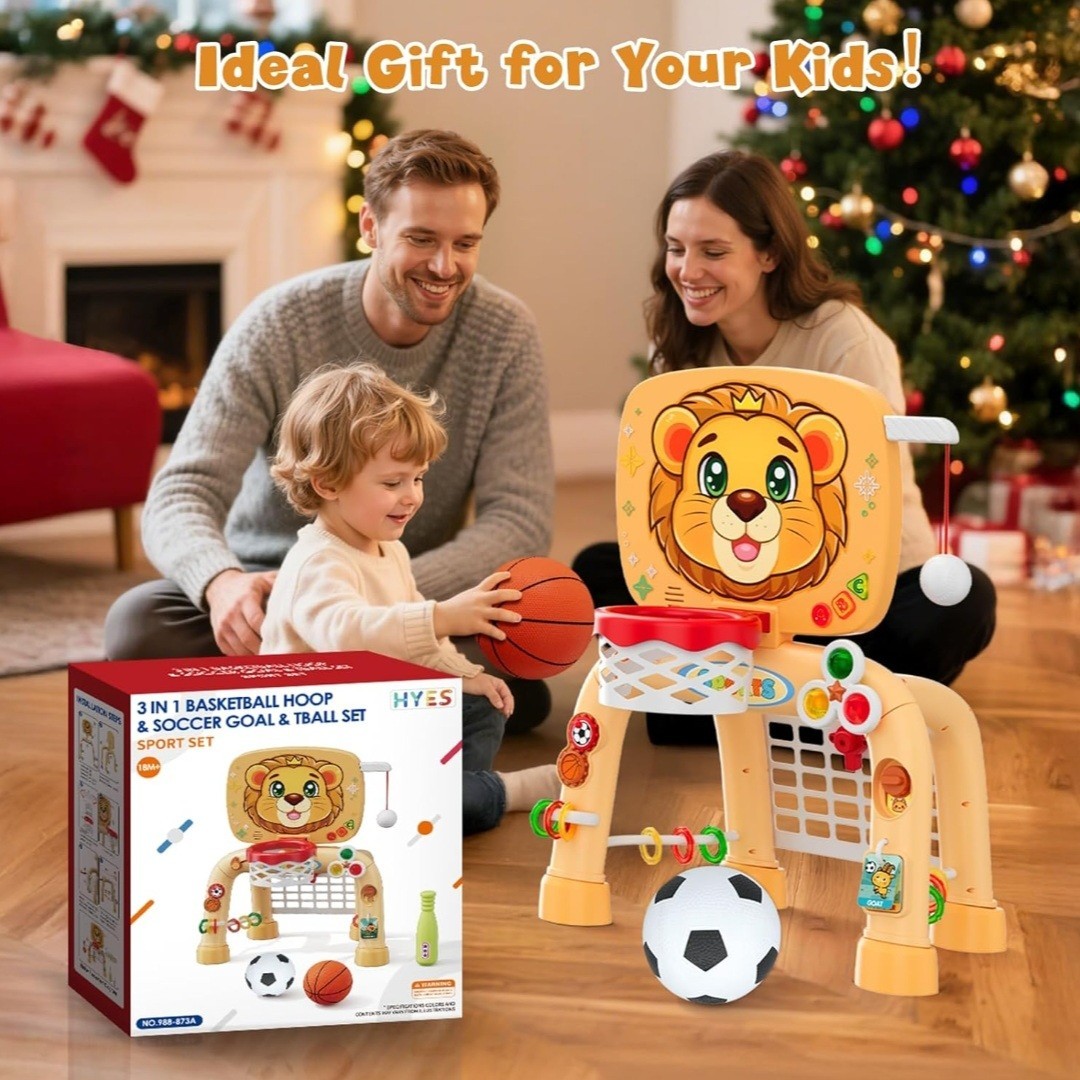 HYES Toddler Basketball Hoop Tball Set & Soccer Goal – Lion Sport Toys for 1…
