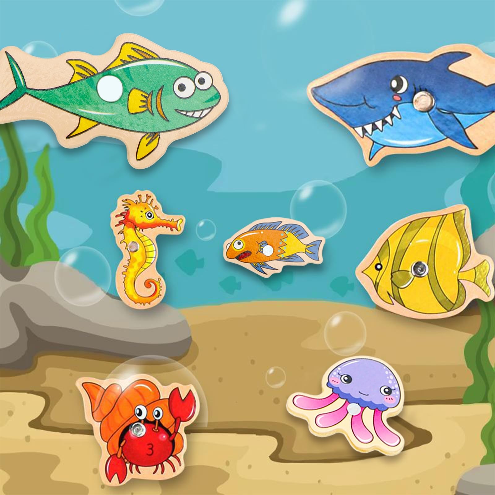 34 Pieces Magnetic Fishing Game for Kids Wooden Magnet Fishing Game Wooden Ma…