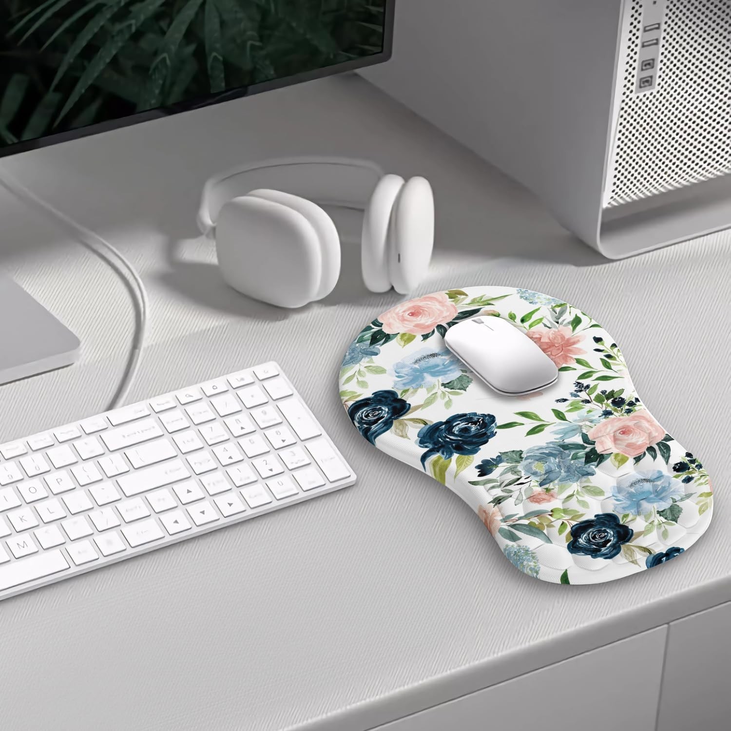 Plant Flowers Rose Leaf Mouse Pad With Wrist Support, Blue Pink Kawai Ergonom…