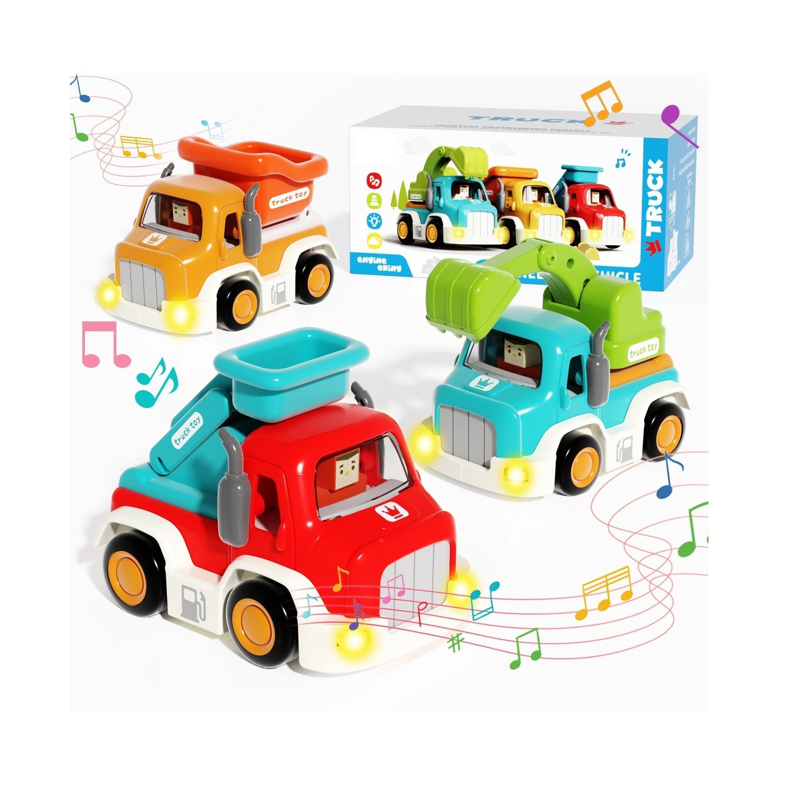 Cars for Toddlers 1-3, Friction Powered, Light & Sound Car Toys with Mini Tru…
