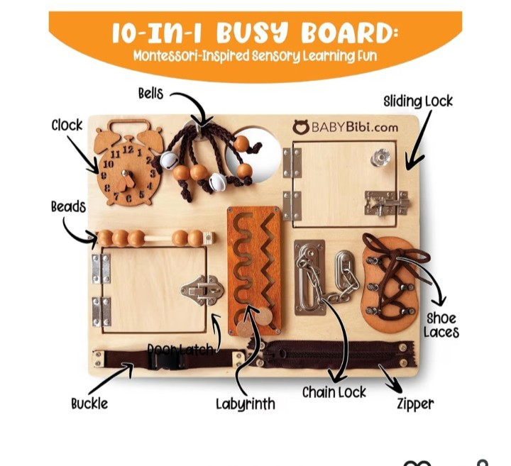 Wood Montessori Busy Board – 10-in-1 Sensory Activity Toy for Toddlers with …