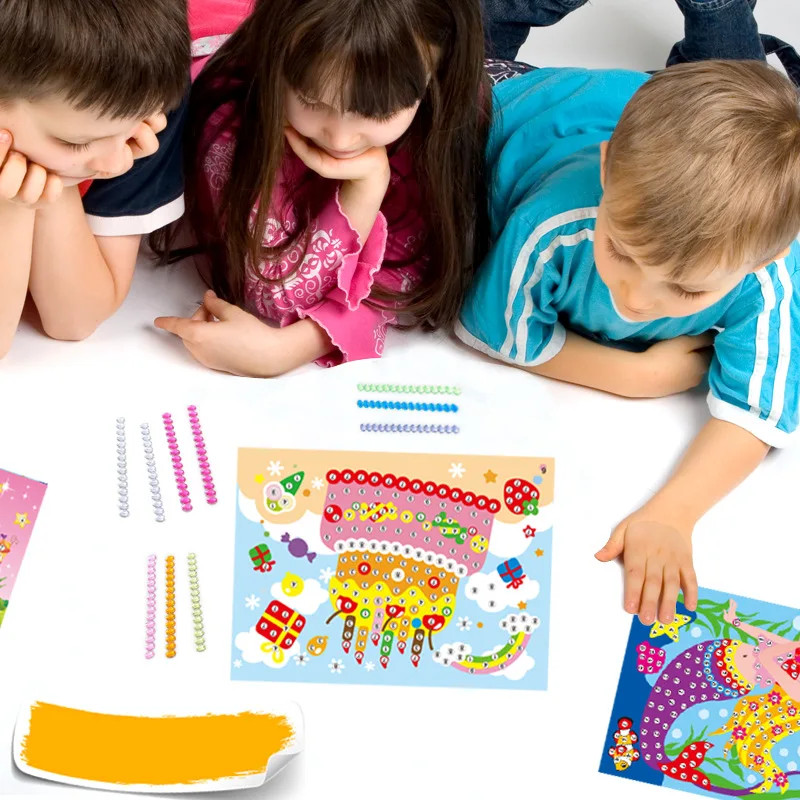 Children Handmade DIY Toys Button/Pompom/Diamond Stickers Drawing Toy Puzzle