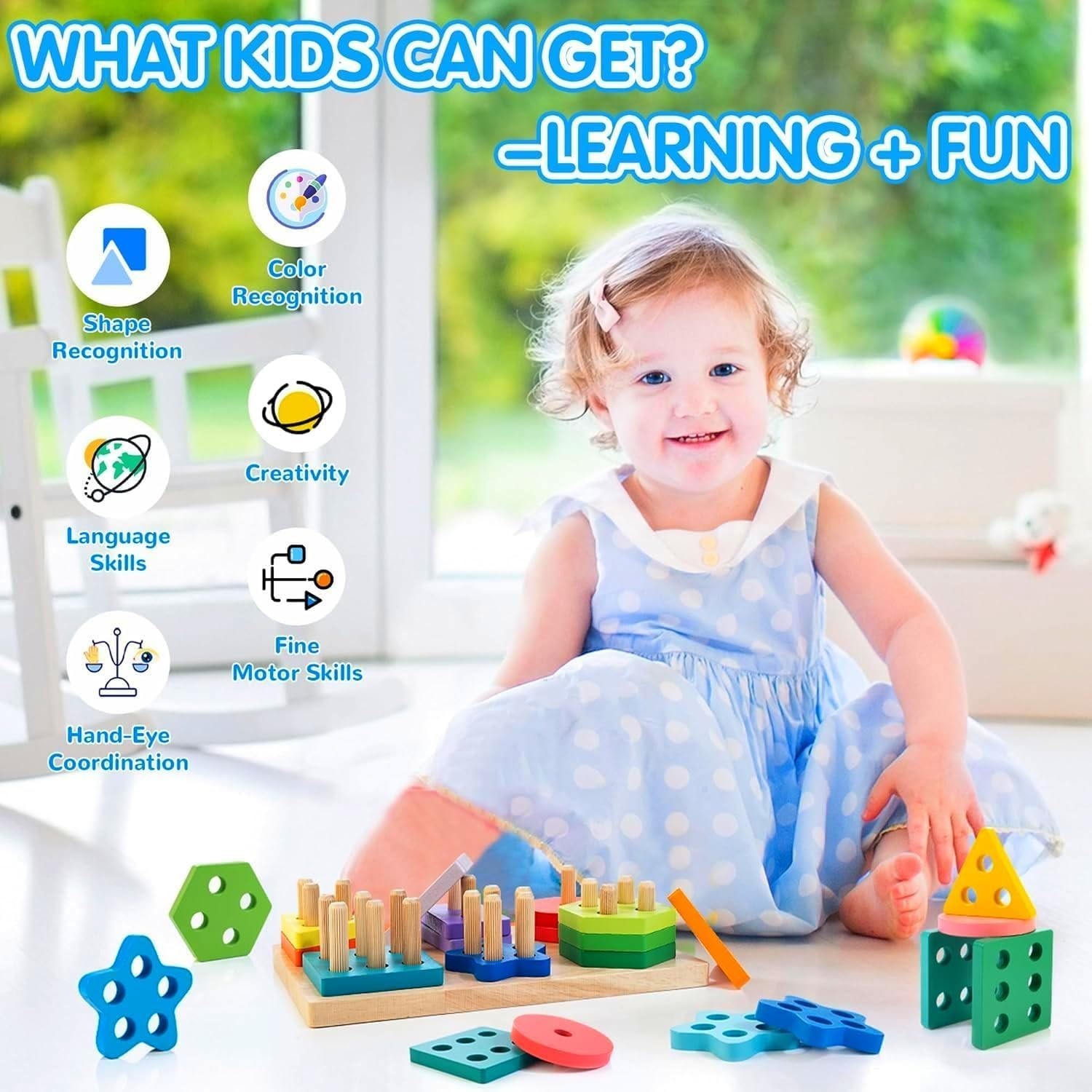 24-Piece Rainbow Stacking Toys with Shapes & Word Cards for Toddlers 12+