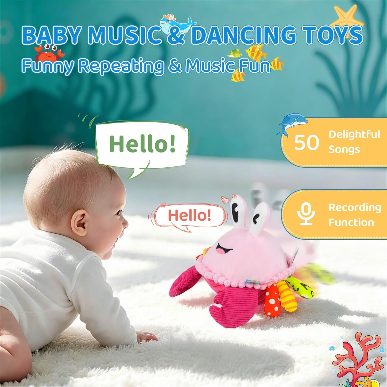 Baby Toys 6-12-18 Months, Pink Crawling Crab Tummy Time Toy, Rechargeable Musica