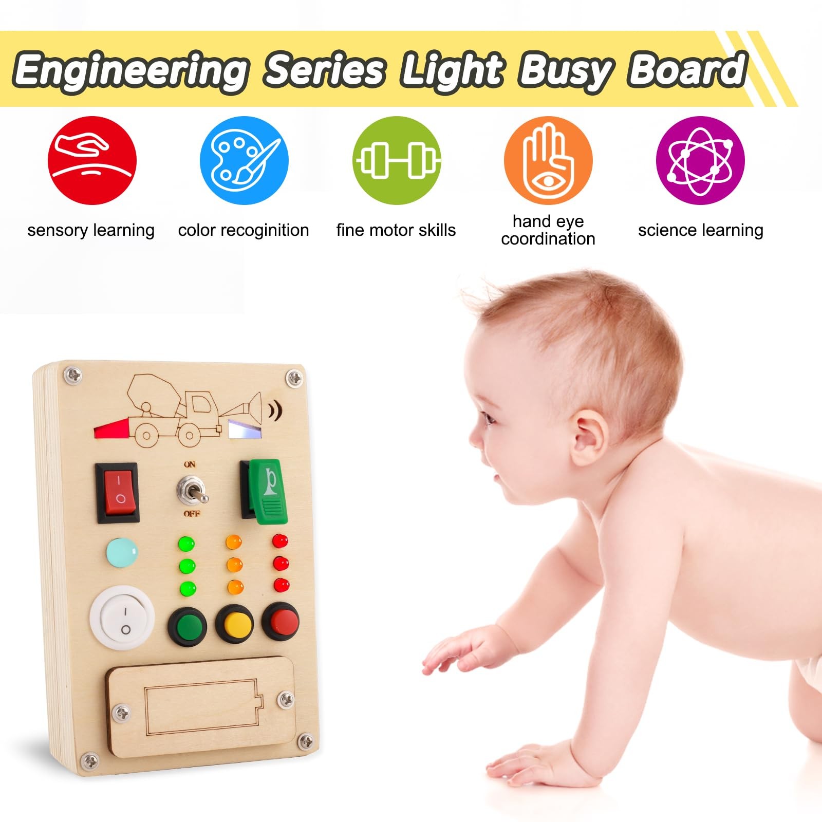 Falecha Busy Board Montessori Toys for 1 Year Old Led Button Push Toys Light
