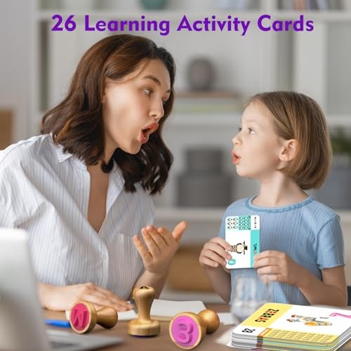 Montessori Wooden Letter & Number Stamps Set with 7-Color Ink Stamp Ink Pad Set