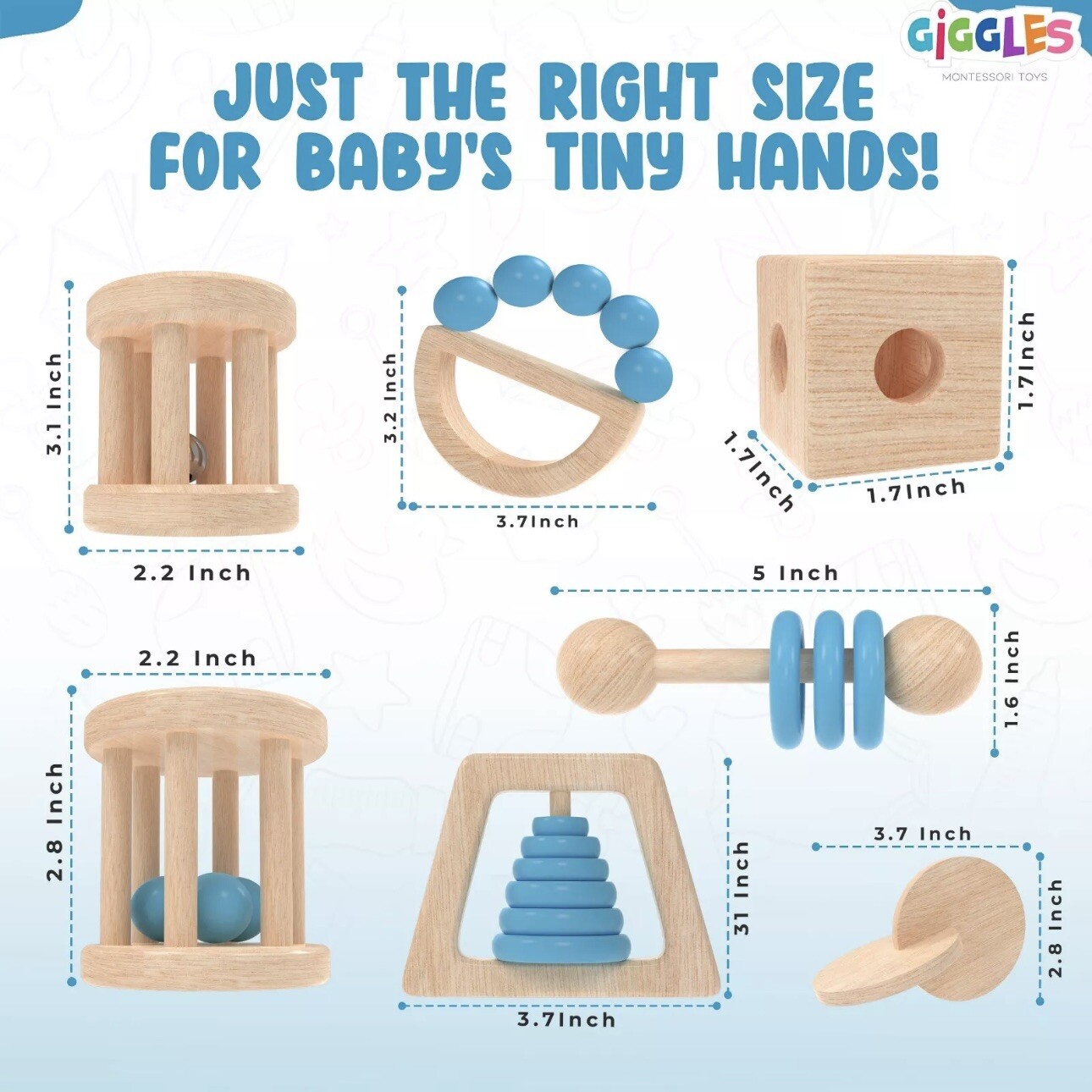 Giggles Montessori BLUE Wooden Baby Toy & Wooden Baby Rattle, 0-6 Months Toys
