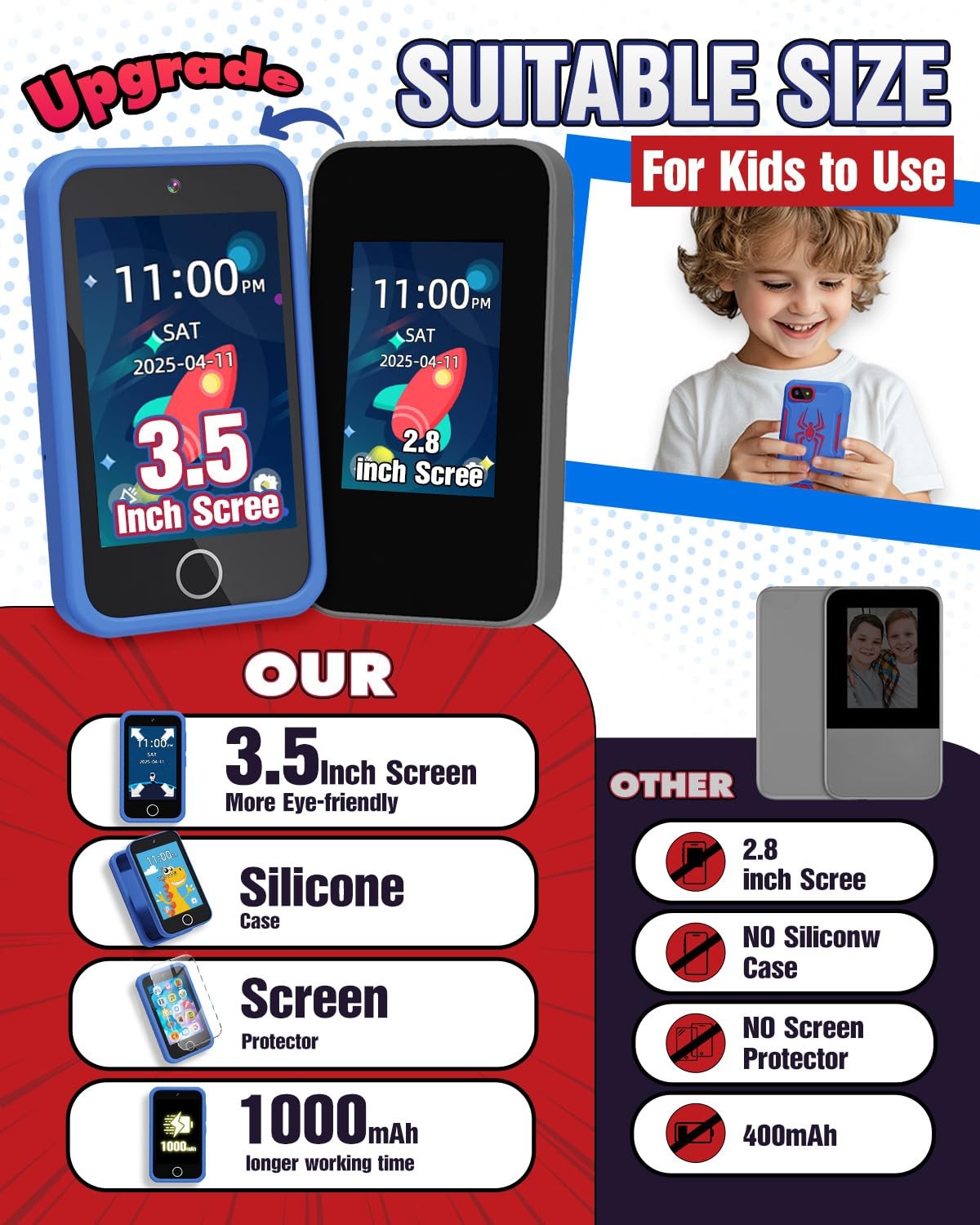 Kids Smart Phone, Spider Toys Phone for Boys 3 4 5 6 7 8 Years Old, Dual Camera,
