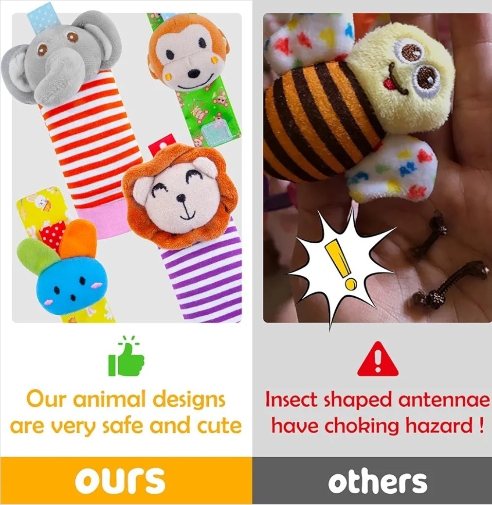 Animal Theme Wrist & Ankle Rattles Set for Babies, Multicolor, 0-12 Months