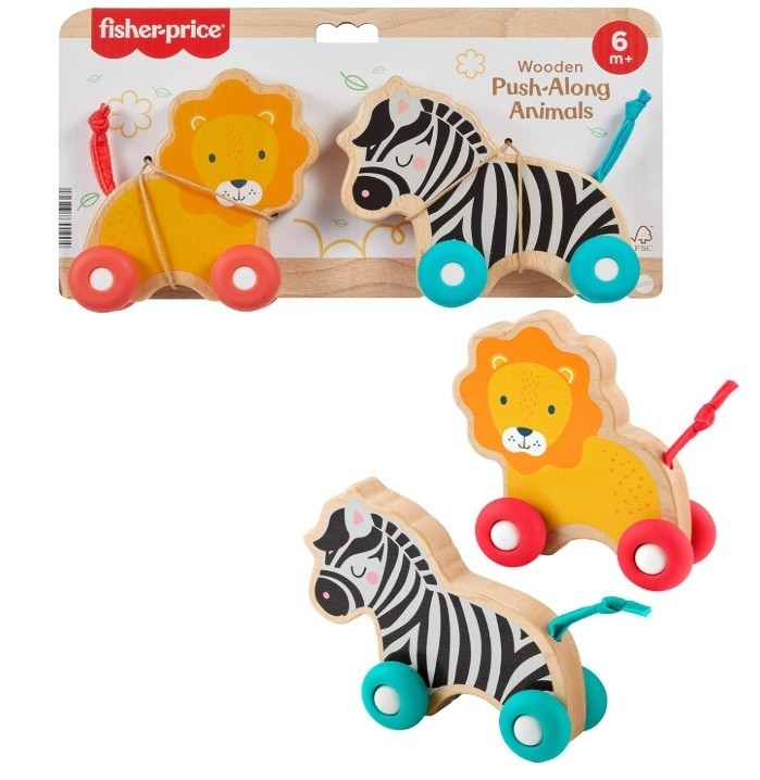 Fisher-Price Wooden Animal Push Toy Set of Two Vehicles with Silicone Wheels