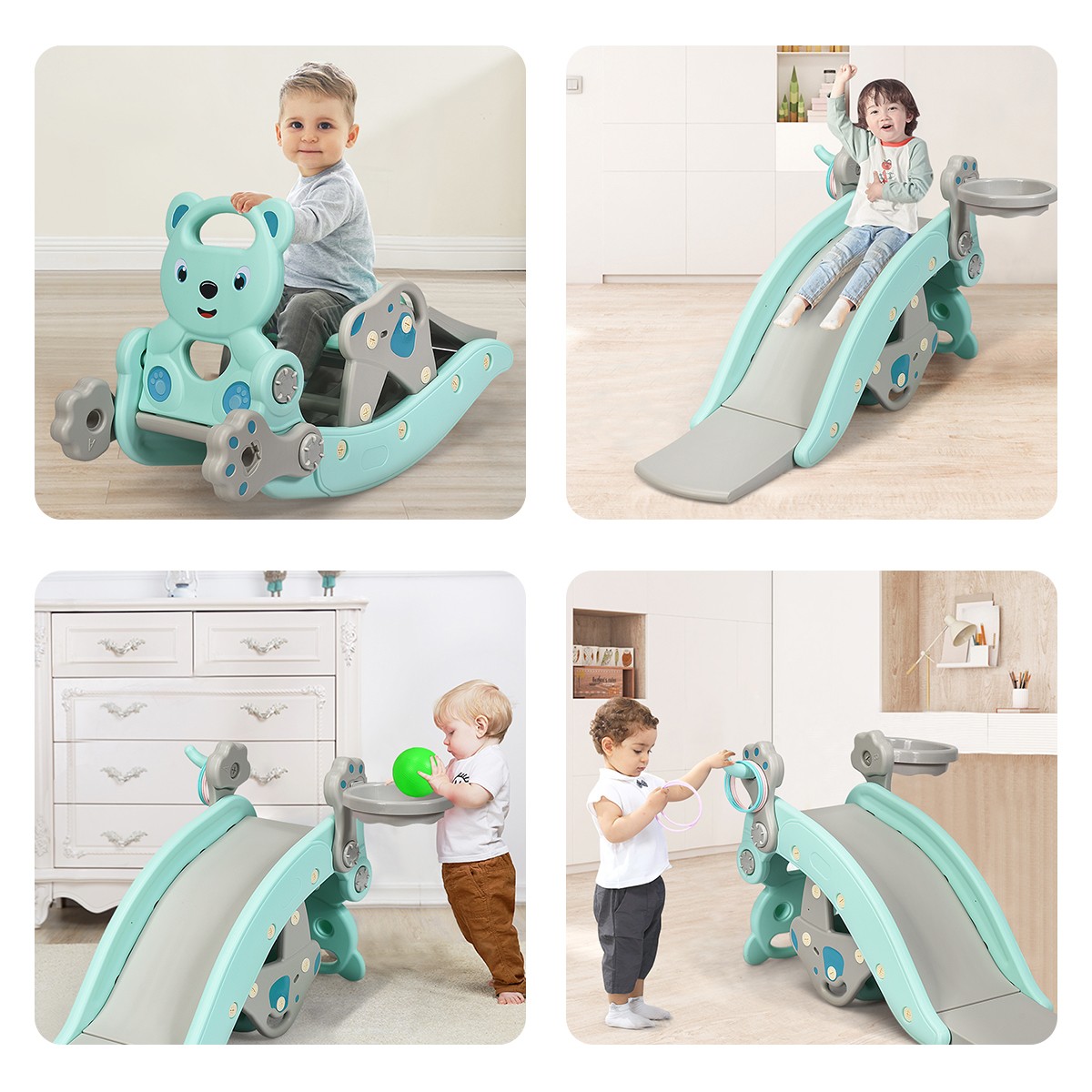 Baby Rocking Horse Slide Set 4-in-1 Kids Swing Toys w/ Basketball Hoop Ferrule