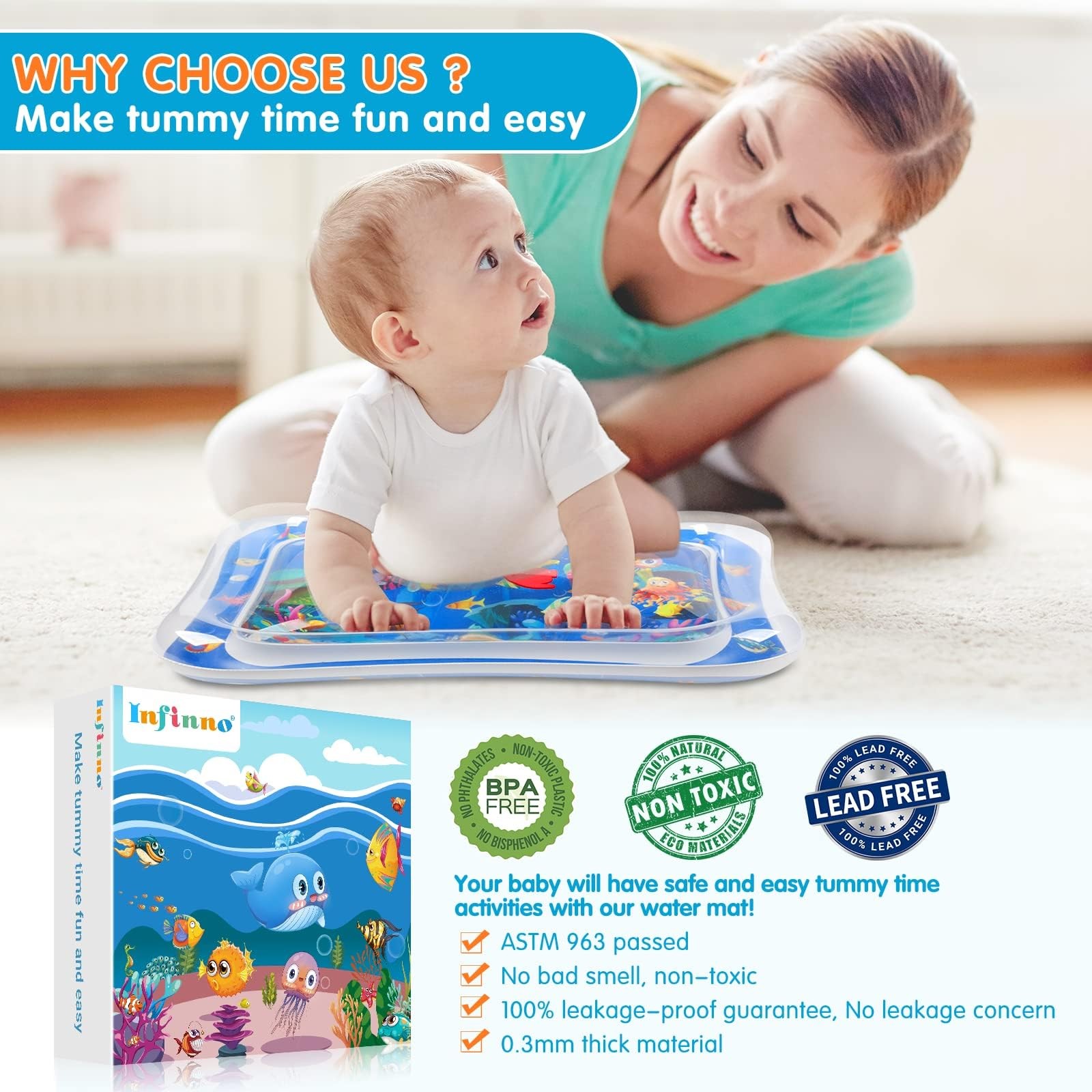 Infinno Inflatable Tummy Time Mat Premium Baby Water Play for Blue