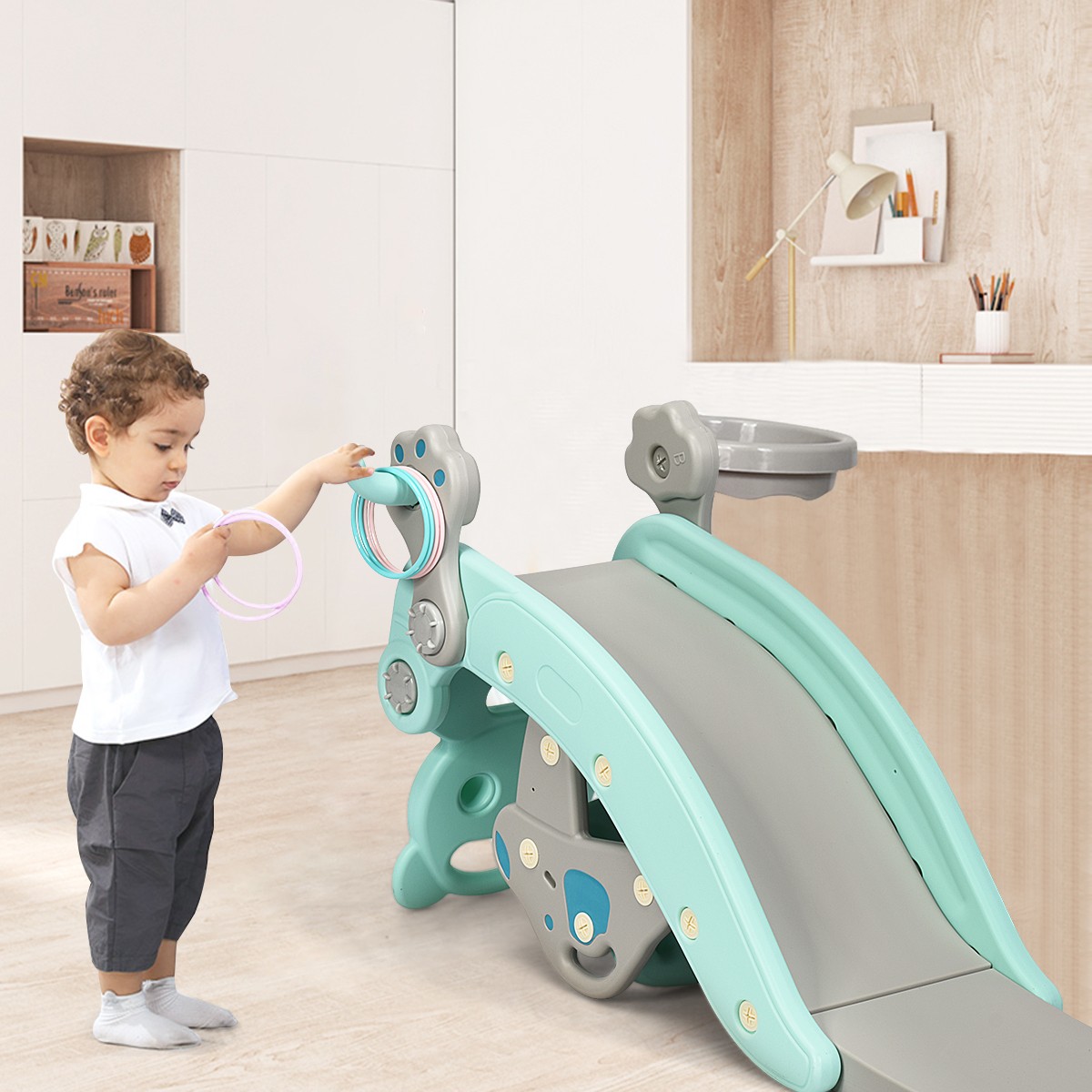 Baby Rocking Horse Slide Set 4-in-1 Kids Swing Toys w/ Basketball Hoop Ferrule