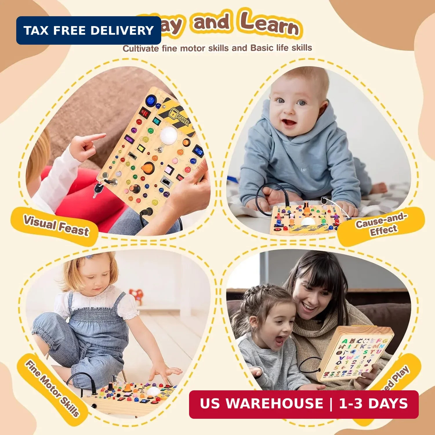 Busy Board with LED Light Switches, Montessori Toys for 1 2 3 Years Old, Toddler