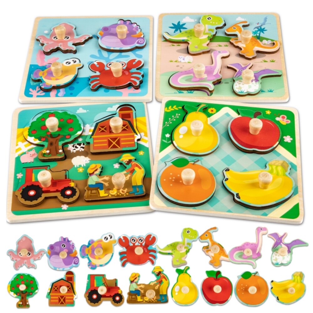 4 Pack Wooden Puzzles For Toddlers Baby Kids 1-3, Animals, Dinosaurs, Fruit