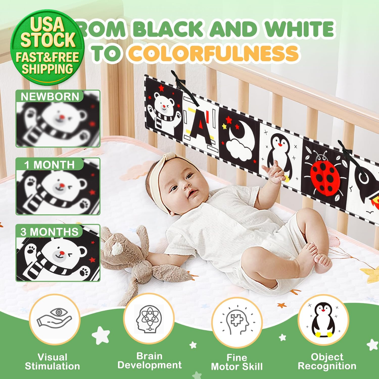 High Contrast Baby Toys Tummy Time Black White Sensory Infant Book Montessori