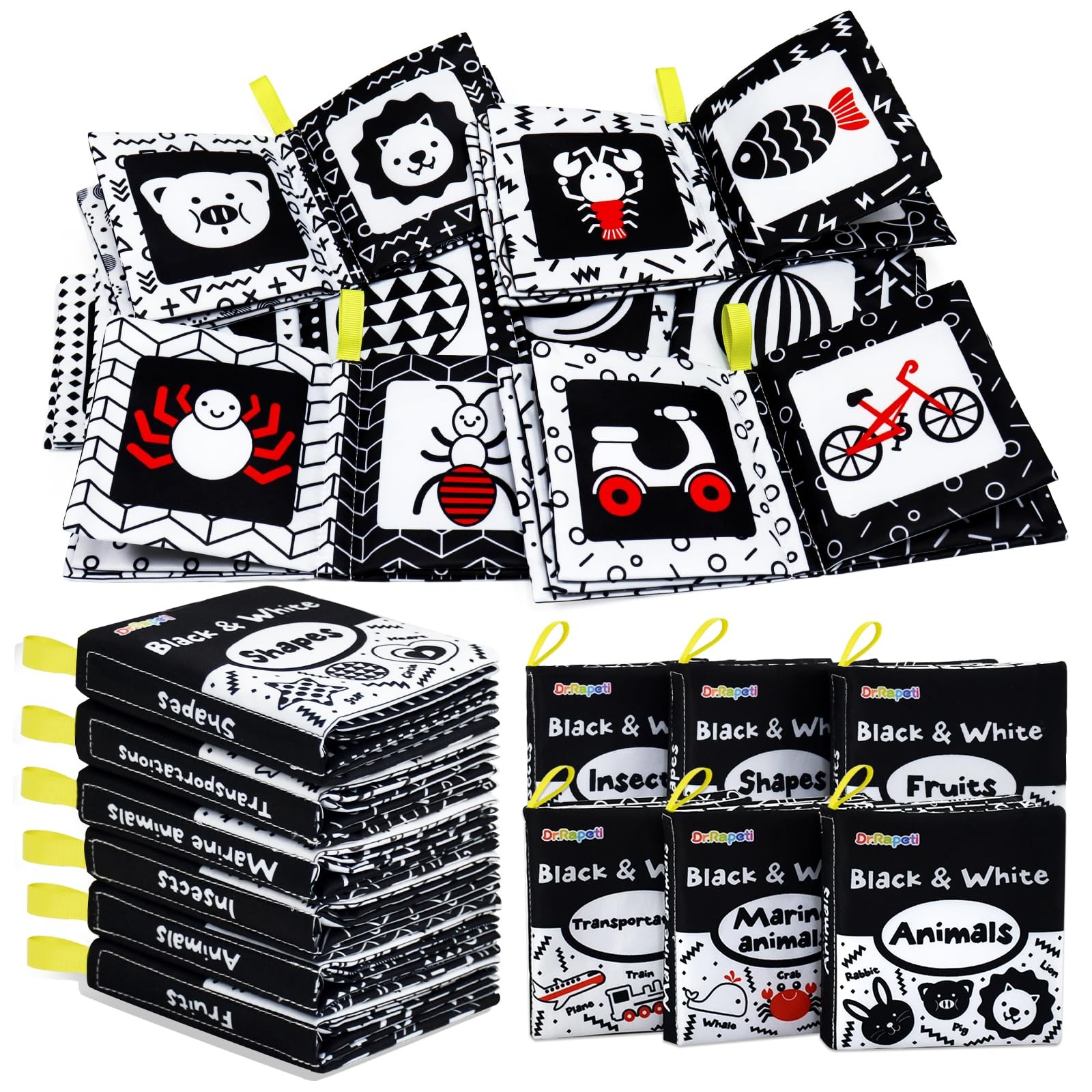 Dr.Rapeti Soft Cloth Books Baby Bath 6-Pack Small, Black+white