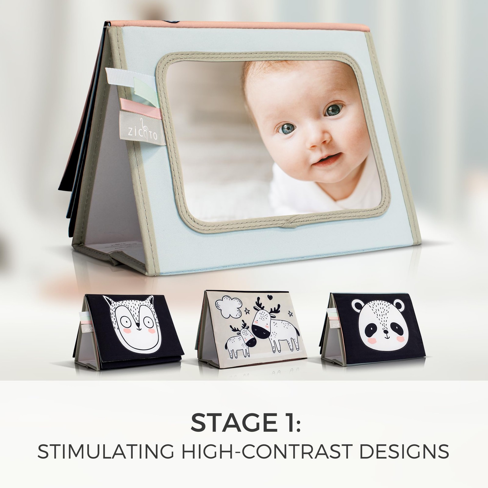 Soft Tummy Time Book w/ Large Stimulating Baby Safe Mirror – Medium, Pastel