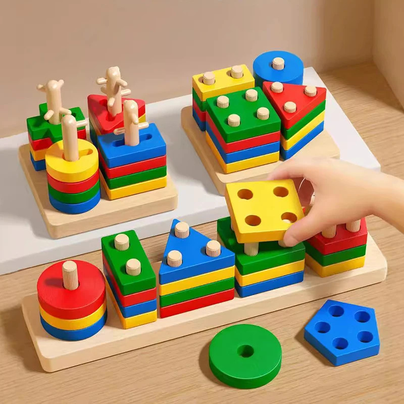 Wooden Shape Matching Building Blocks Kids Learning Toy US
