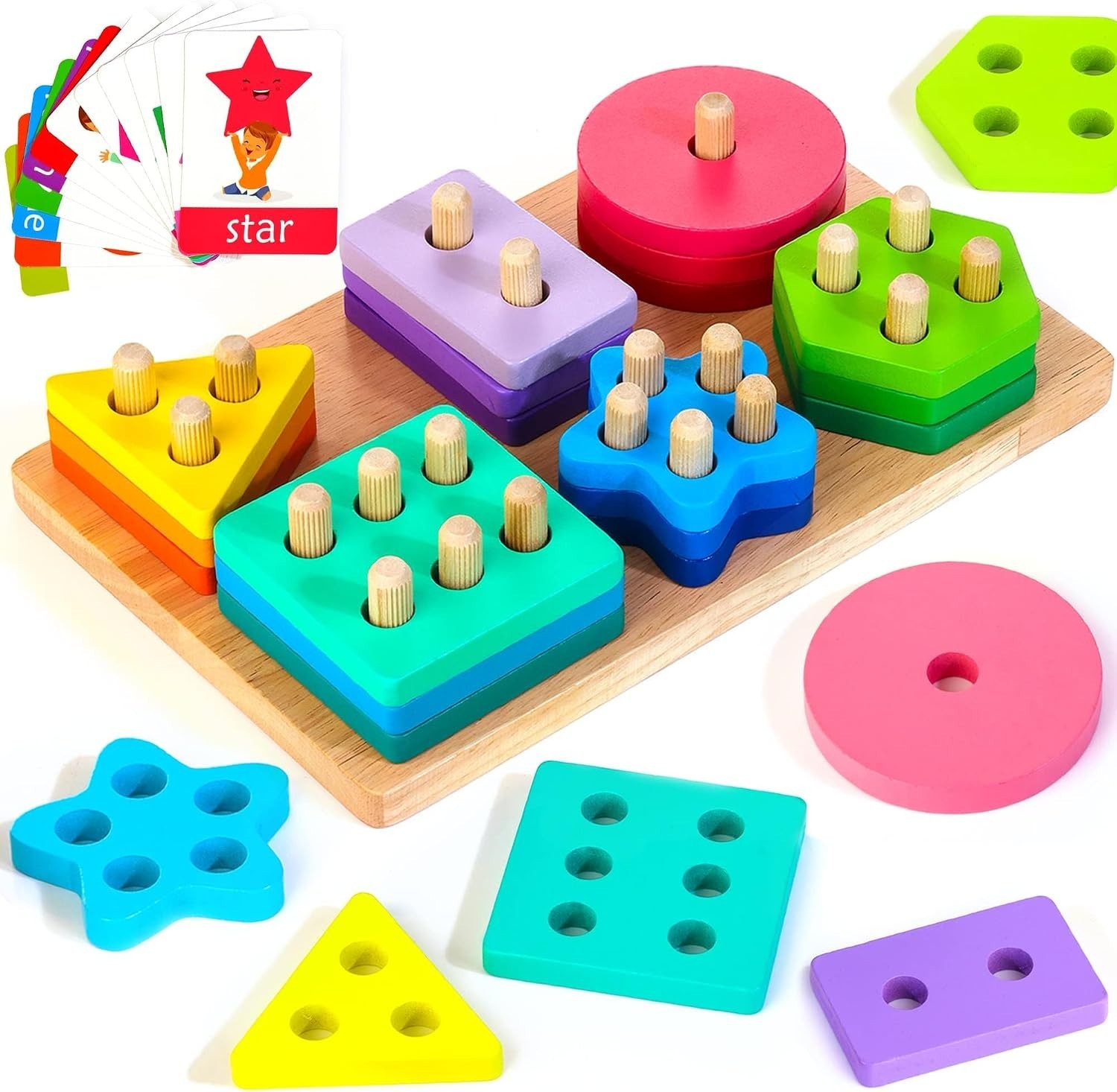 24-Piece Rainbow Stacking Toys with Shapes & Word Cards for Toddlers 12+