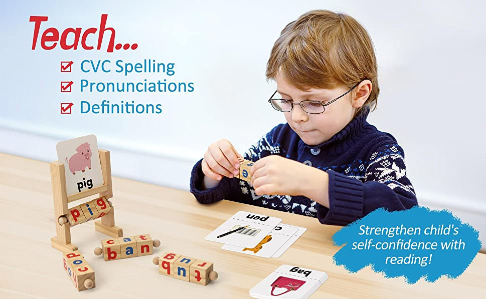 Coogam Wooden Reading Blocks Short Vowel Rods Spelling Games, Flash Cards Turnin