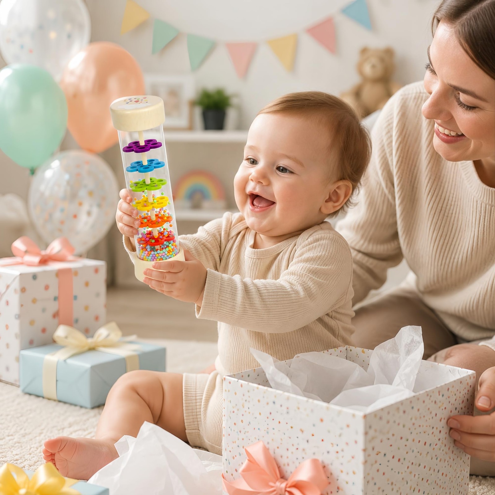 Oneshow Wooden Rain Stick Baby Toys, Montessori 7.7 inch, Iridescent-7.7″
