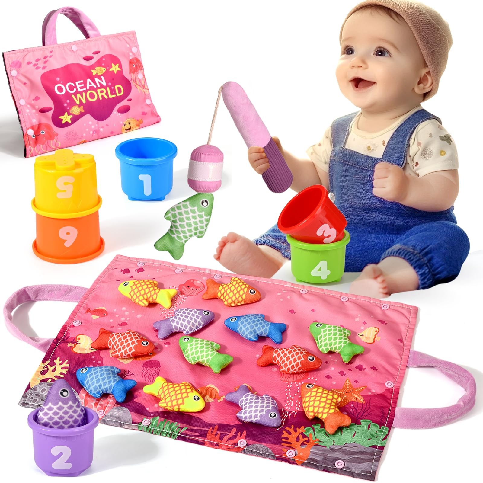 Montessori Toys for 1 Year Old Girl Gifts, Pink Cloth Fishing Toy for Toddler…