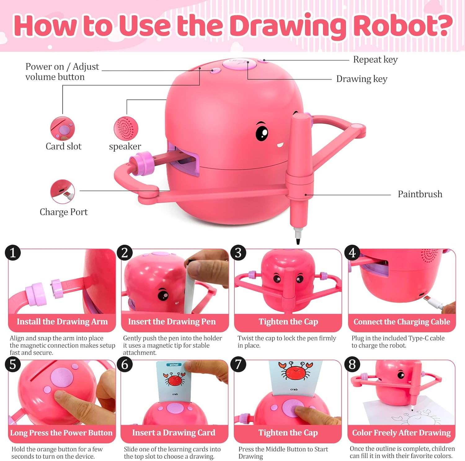 Drawing Robot for Kids with 150 Learning Cards and 17 Colorful Pens, Voice Inter