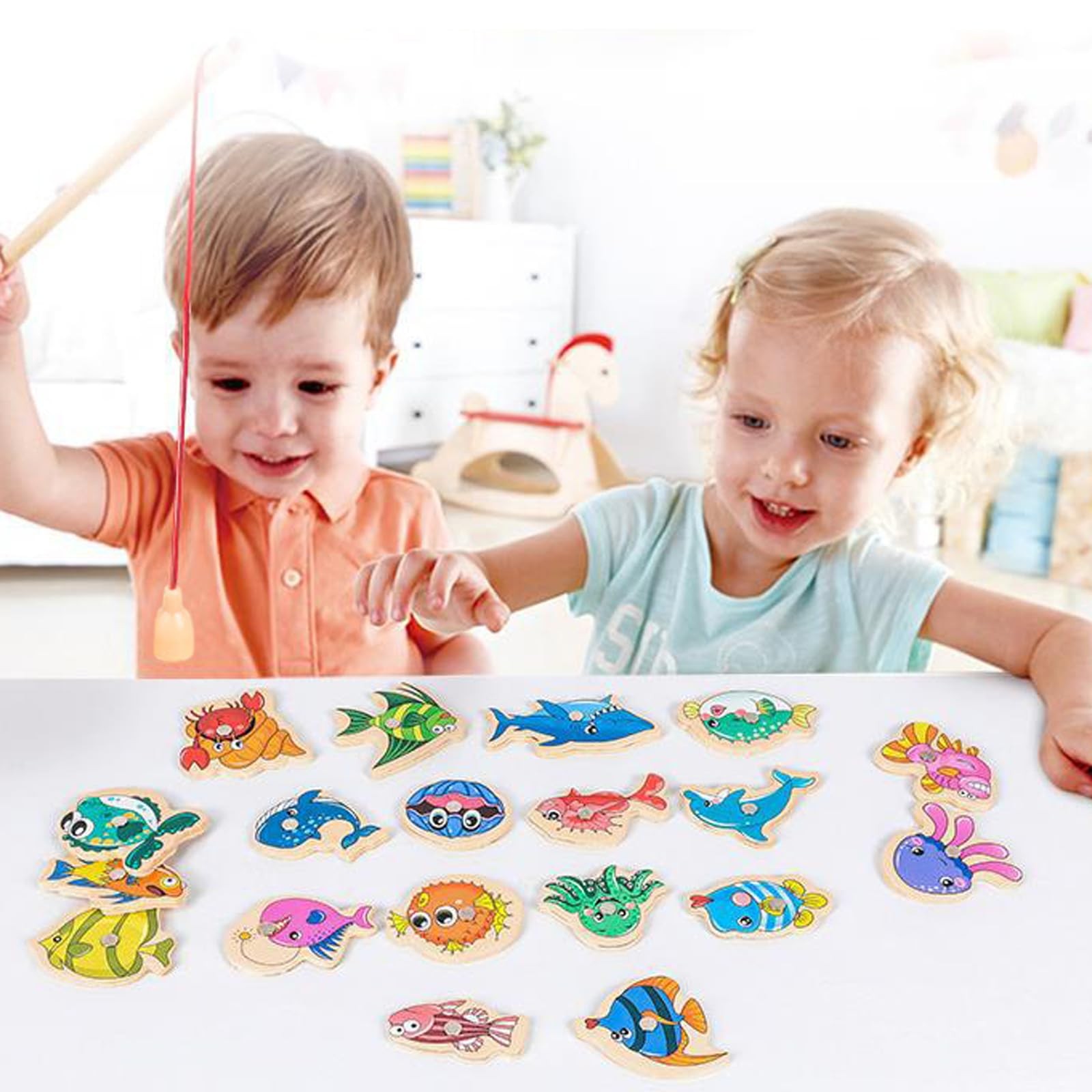 34 Pieces Magnetic Fishing Game for Kids Wooden Magnet Fishing Game Wooden Ma…