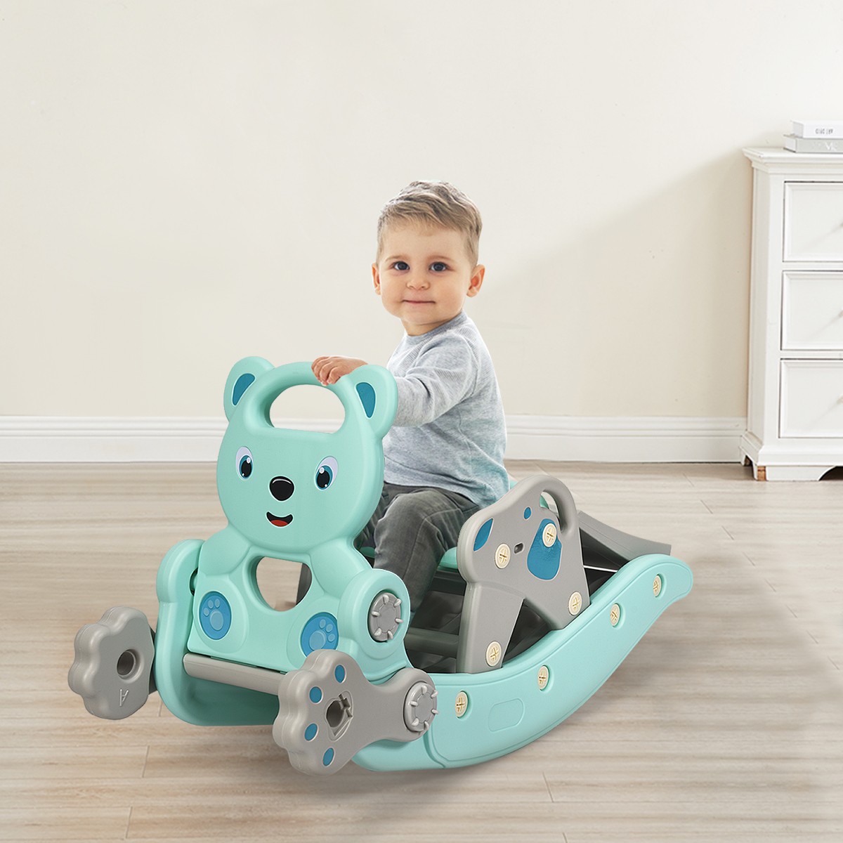 Baby Rocking Horse Slide Set 4-in-1 Kids Swing Toys w/ Basketball Hoop Ferrule