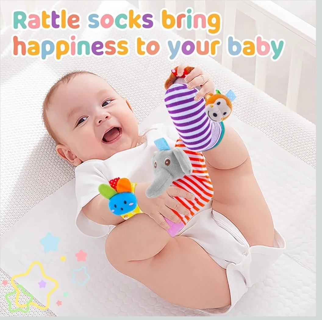 Animal Theme Wrist & Ankle Rattles Set for Babies, Multicolor, 0-12 Months