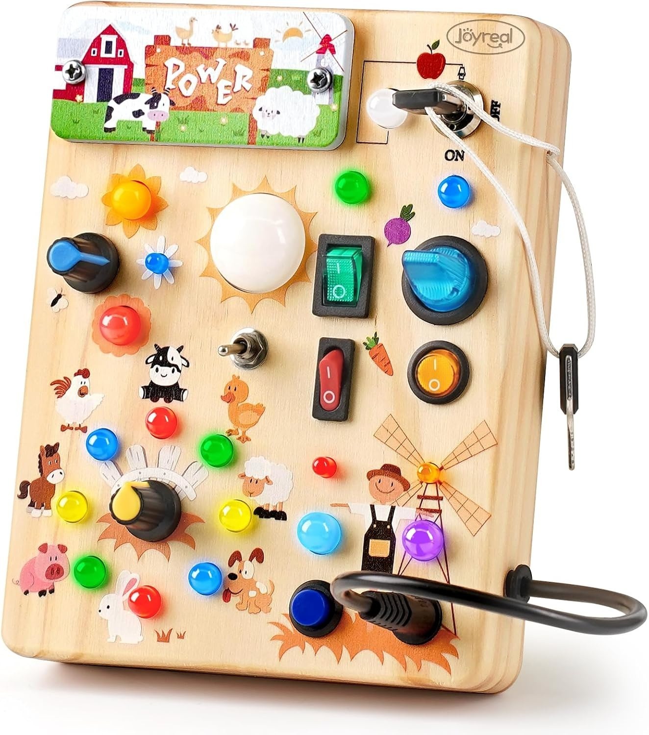 Montessori Wooden Busy Board with LED Lights Toddler Sensory Travel Toy