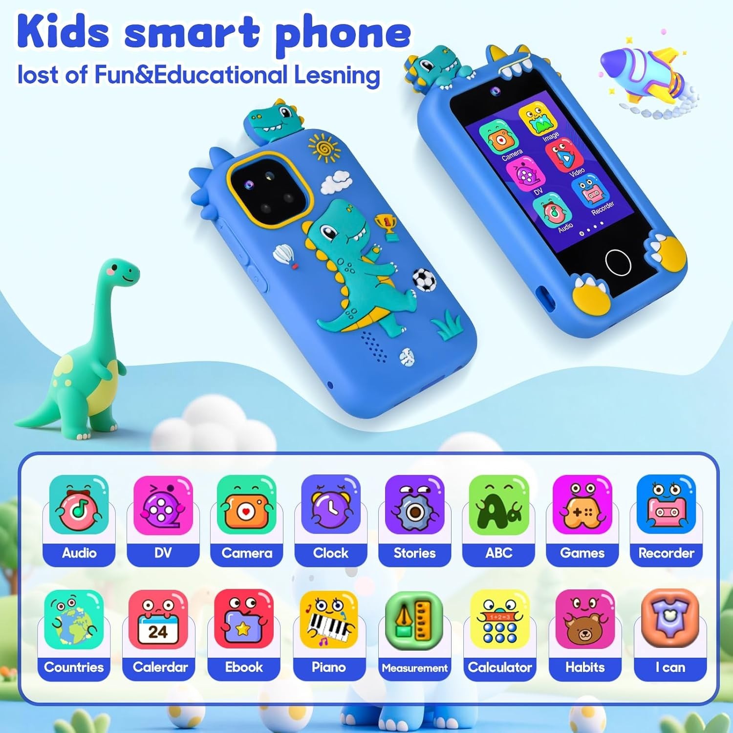 Dinosaur Kids Phone Toddler Learning Toy w/ 32GB Card Dual Camera Dino Bag