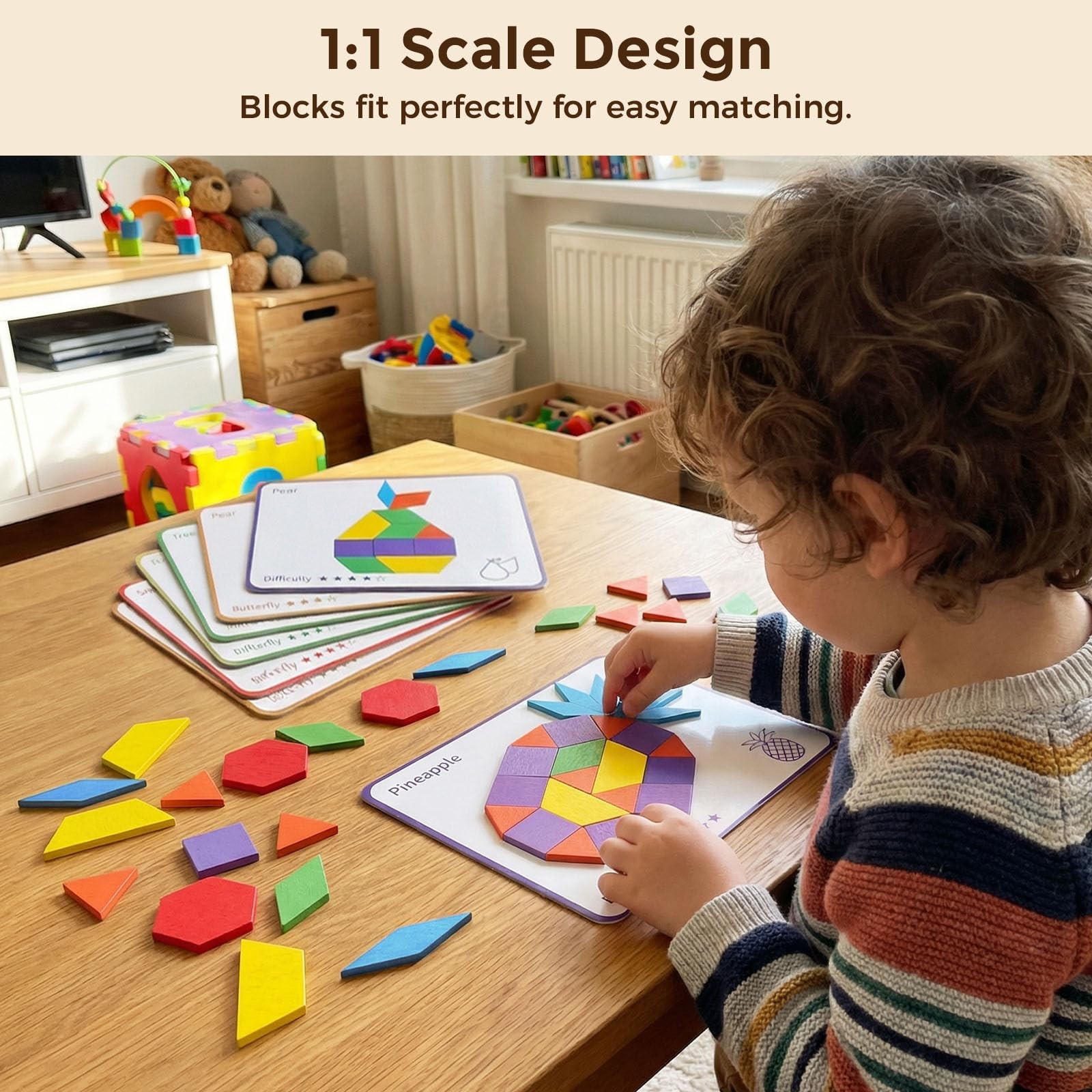 Wooden Pattern Blocks Set for Kids, Geometric Shapes with Learning Cards, 150…