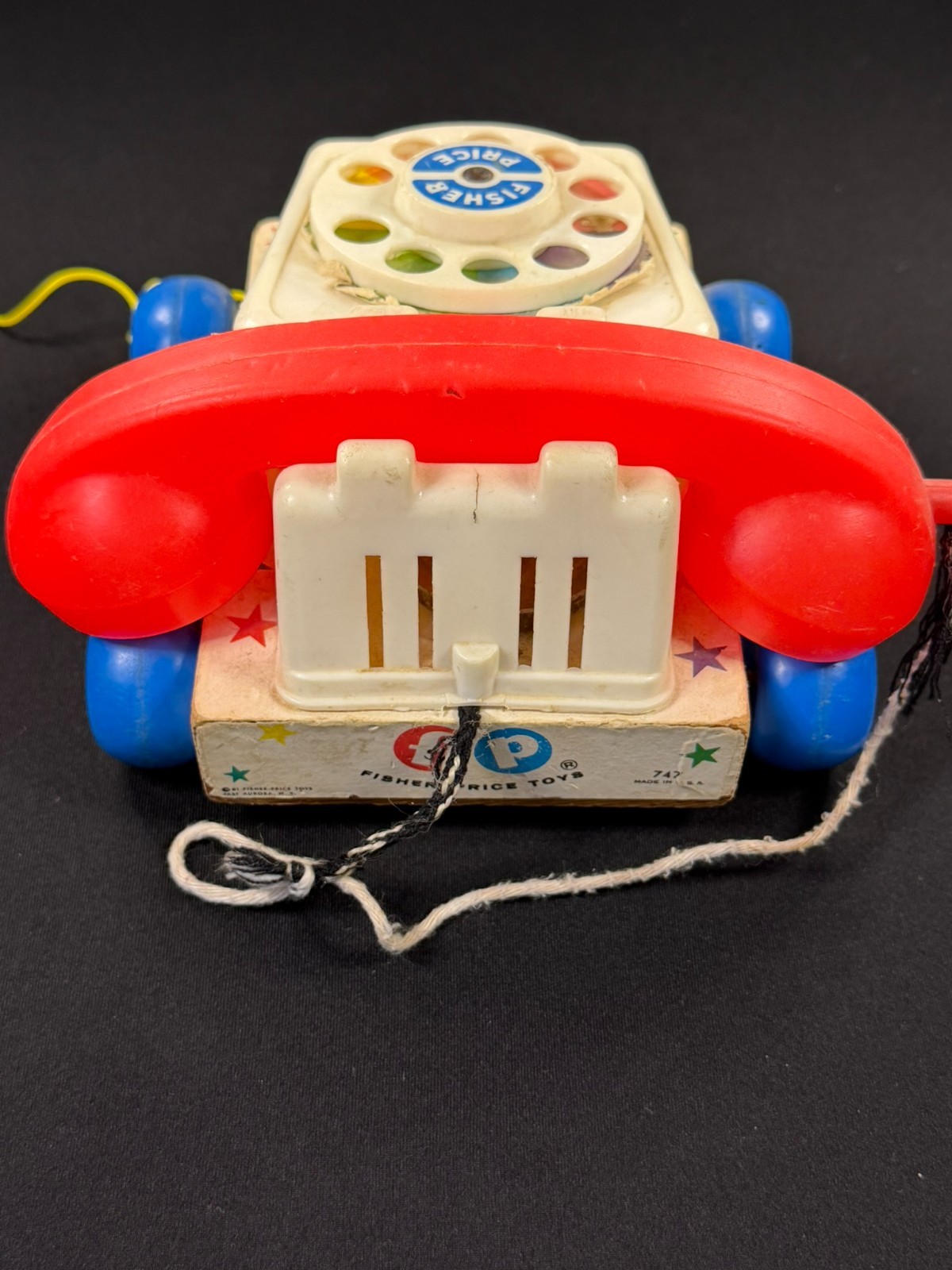 Vintage Fisher Price Chatter Telephone Pull Toy #747 Rotary Phone Wood Base