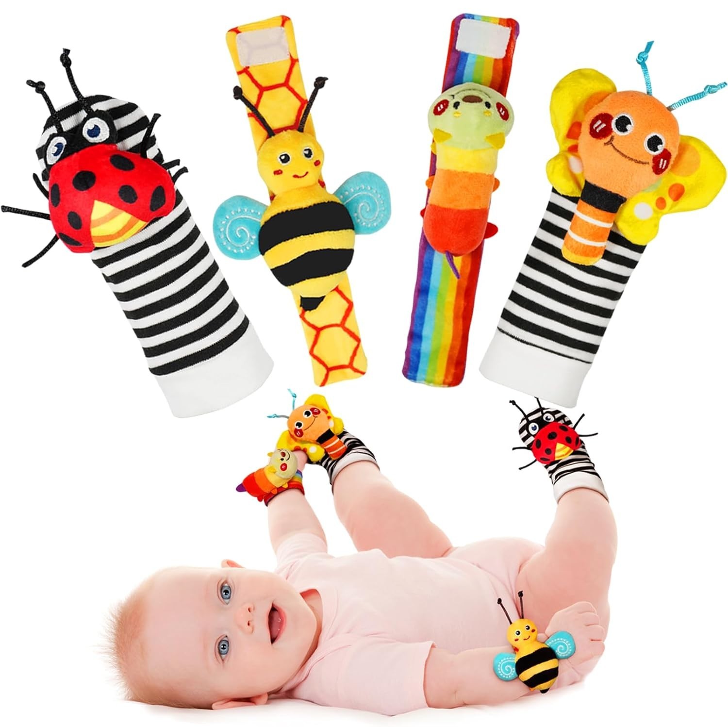 Baby Wrist Rattle Socks and Foot Finder Set, Perfect Baby Toys for 0-12 Months
