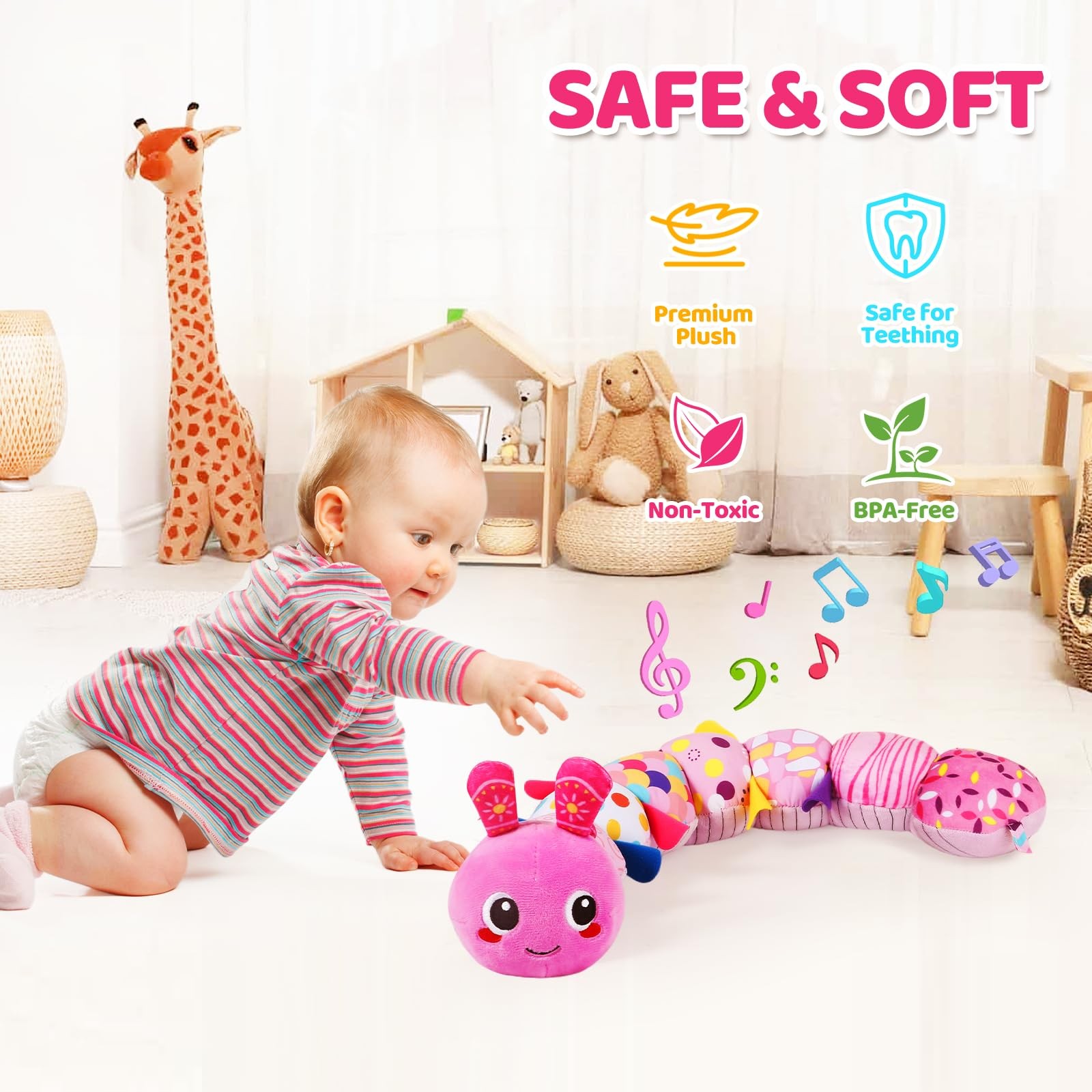 Baby Sensory Caterpillar Toys for 0-6 6-12 Months, Soft Plush Activity with C…