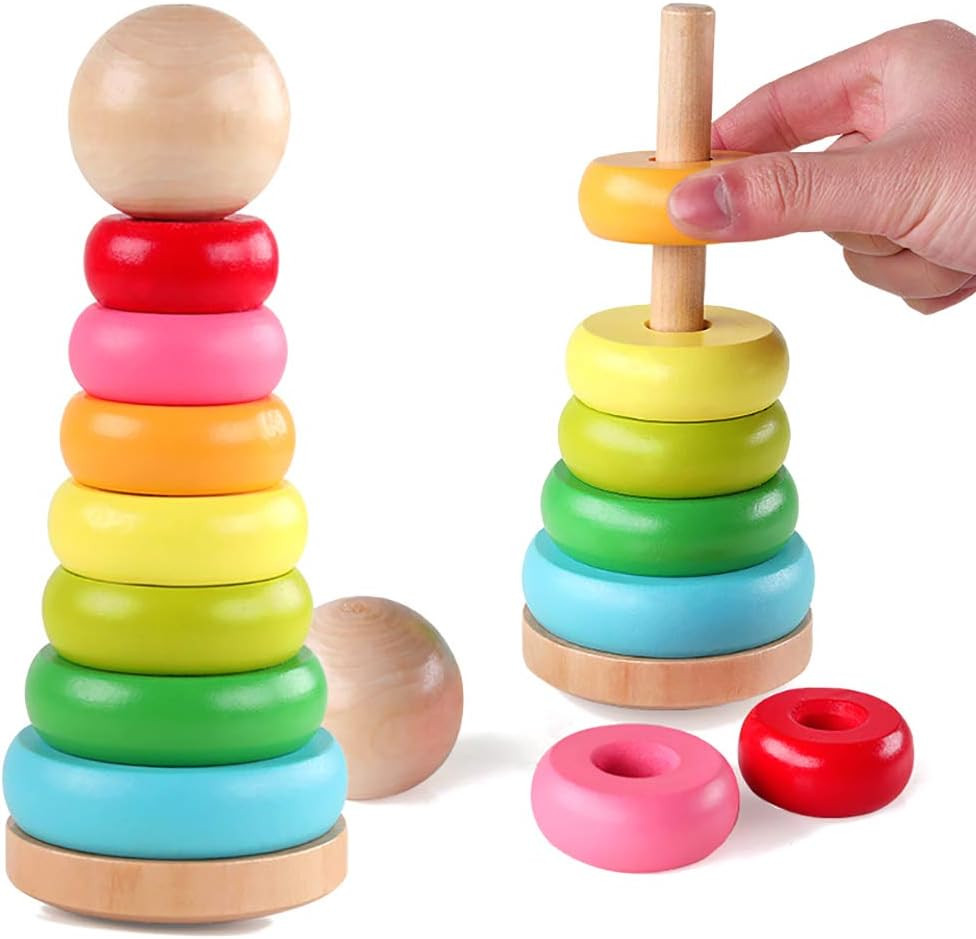 Stacking Rings Toy Wooden Rainbow Stacker Toddler | Learning Toys for 18 Months