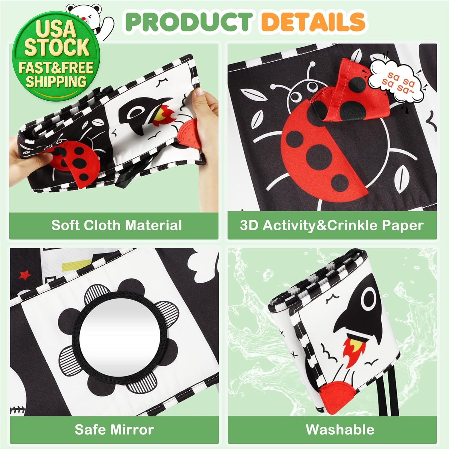 High Contrast Baby Toys Tummy Time Black White Sensory Infant Book Montessori