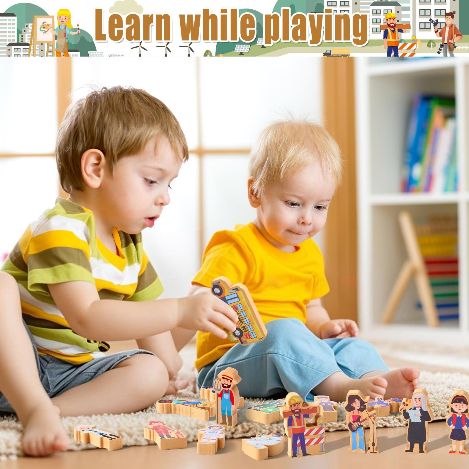 40 Pcs Wooden Community Helpers Toys Wooden Cars Set Wood People Figures Mult…