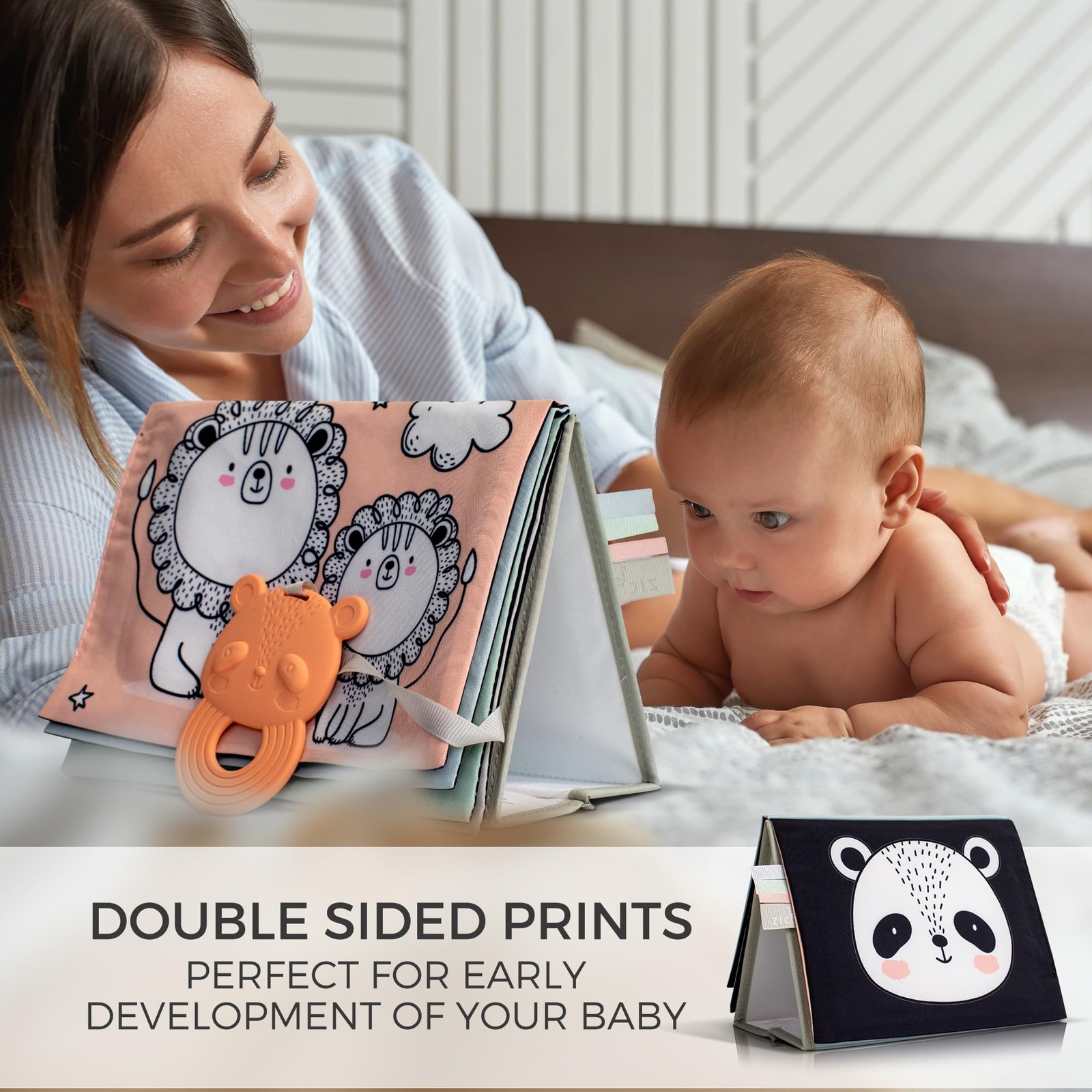 Soft Tummy Time Book w/ Large Stimulating Baby Safe Mirror – Medium, Pastel