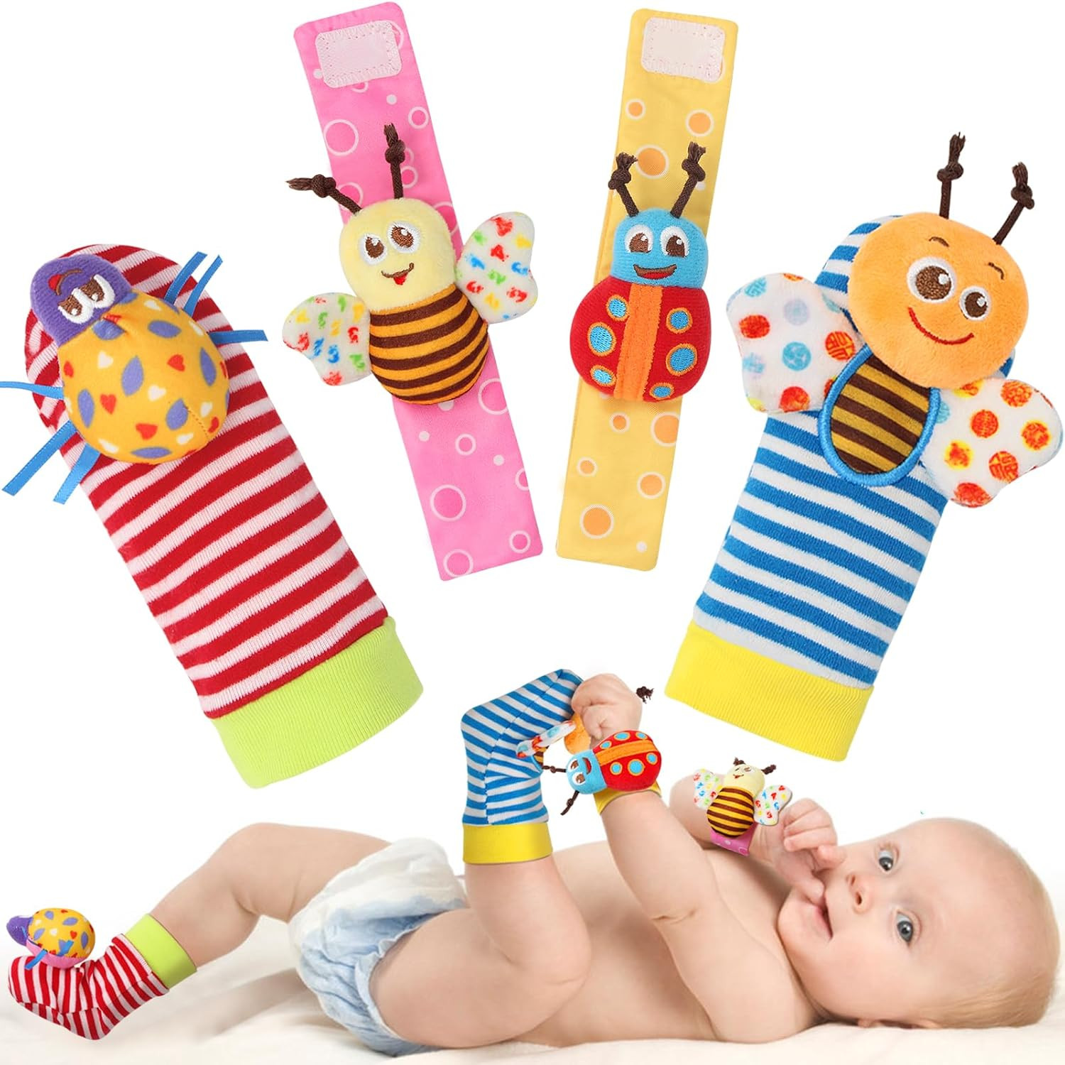 Wrist Rattle Socks and Foot Finder Set, Infant Girl Boy Toys for Babies 0-36 Mon