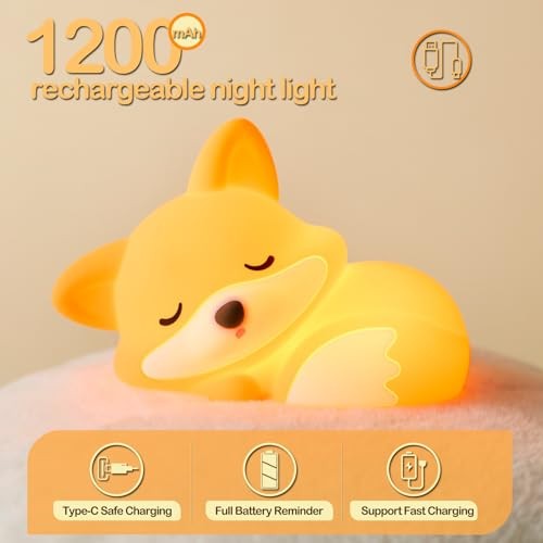 Night Light, LED Squishy Novelty Animal Lamp, Food Grade Silicone, 2 Level Fox